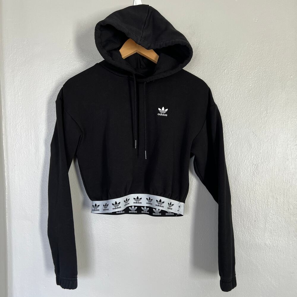 Adidas Women's Cropped Hoodie Black Trefoil Sweatshirt Pullover Workout Size XS - Picture 4 of 15